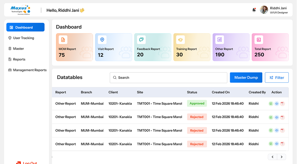 Maxus ERP dashboard preview showing reports and data tables